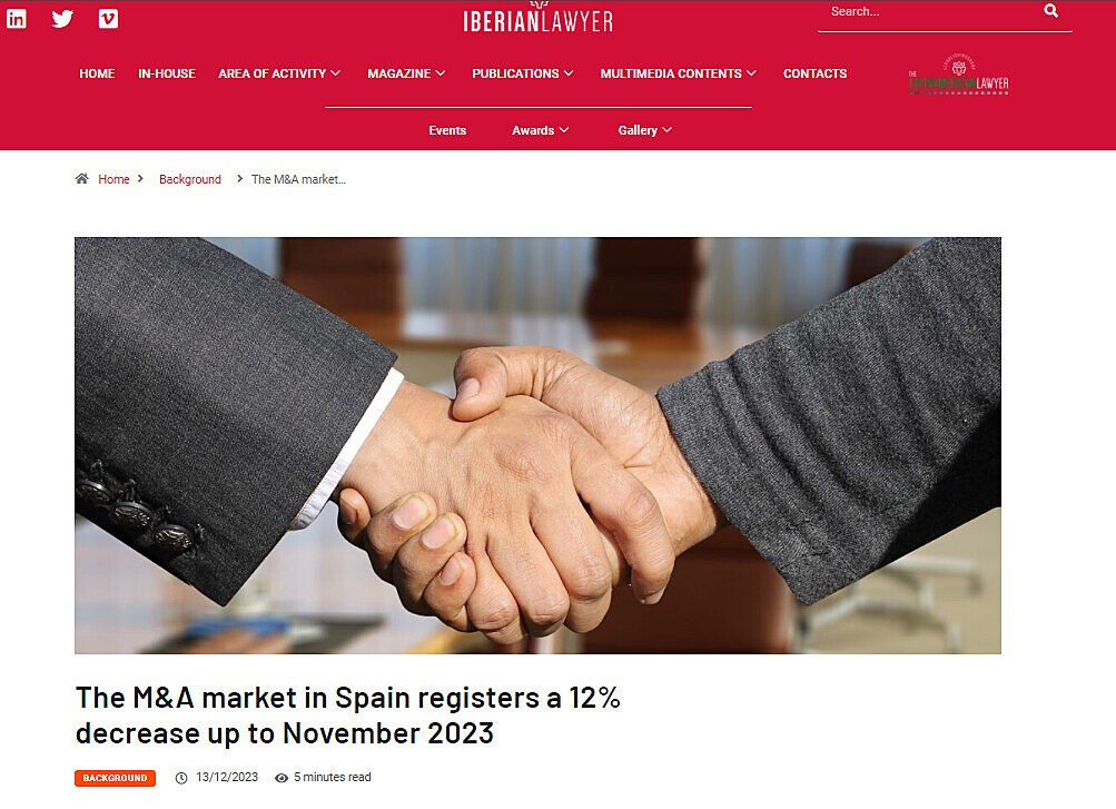 The M&A market in Spain registers a 12% decrease up to November 2023